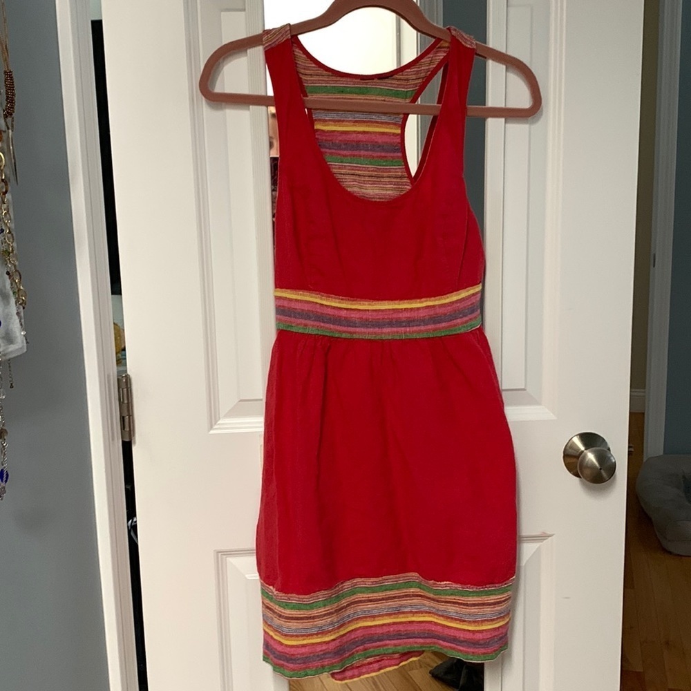 Linen Tank‎ Dress with Embroidered Rainbow Trim